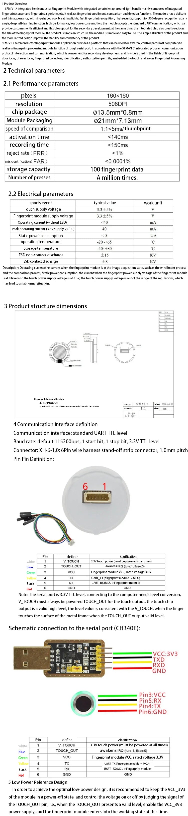 SFM-V1.7 All-in-one Semiconductor Round Capacitive Capture Recognition Fingerprint Sensor Module UART Communication