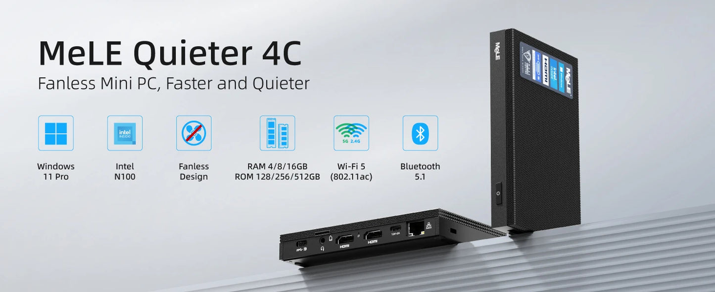 PCMeLE Fanless MINI PC N100 Desktop Computer LPDDR4x Windows11 8GB 16GB 512