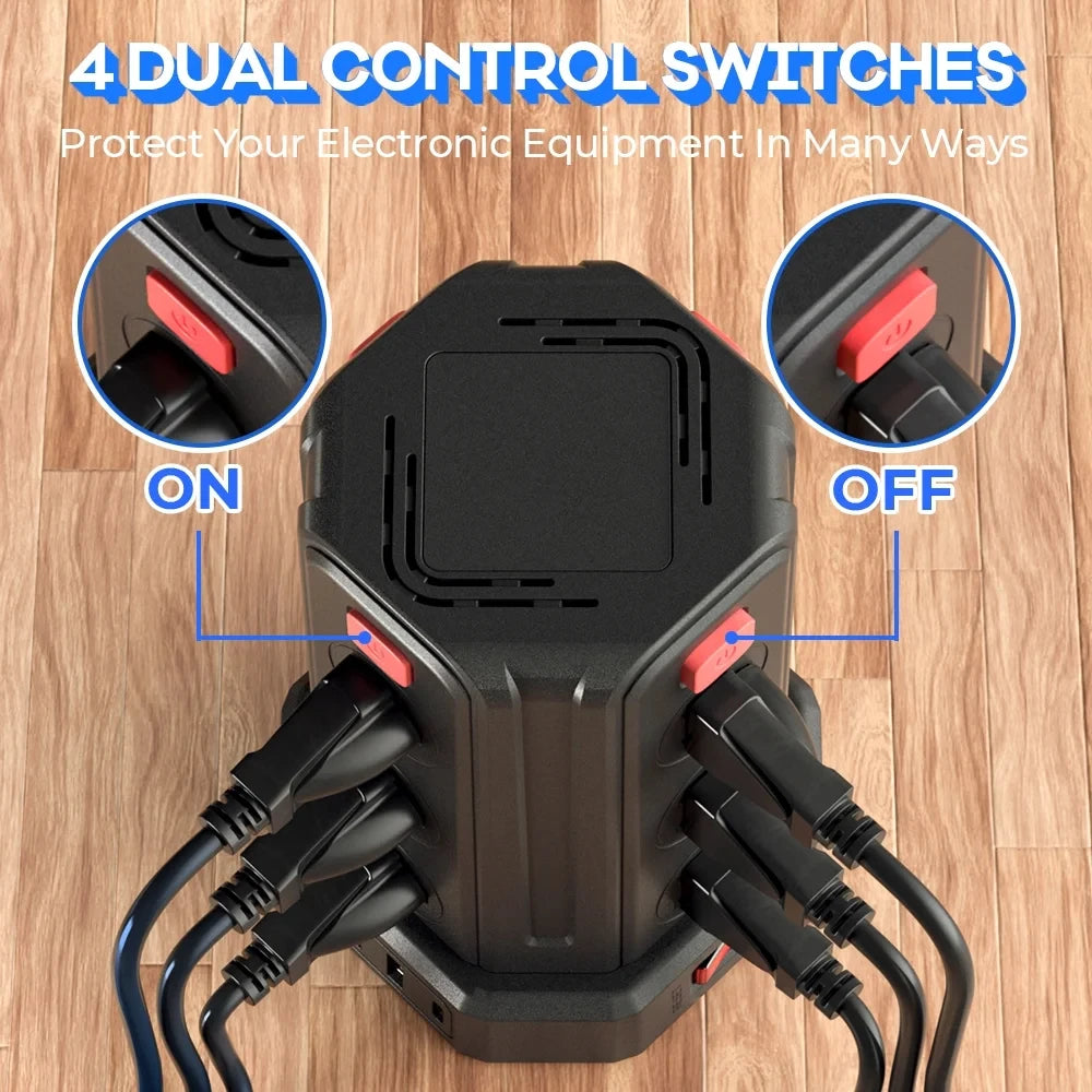 Tour multiprise avec parasurtenseur PCSMALLRT avec 12 prises, 4 ports USB, 10