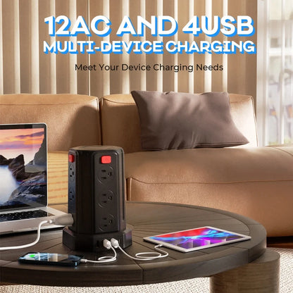 Tour multiprise avec parasurtenseur PCSMALLRT avec 12 prises, 4 ports USB, 10