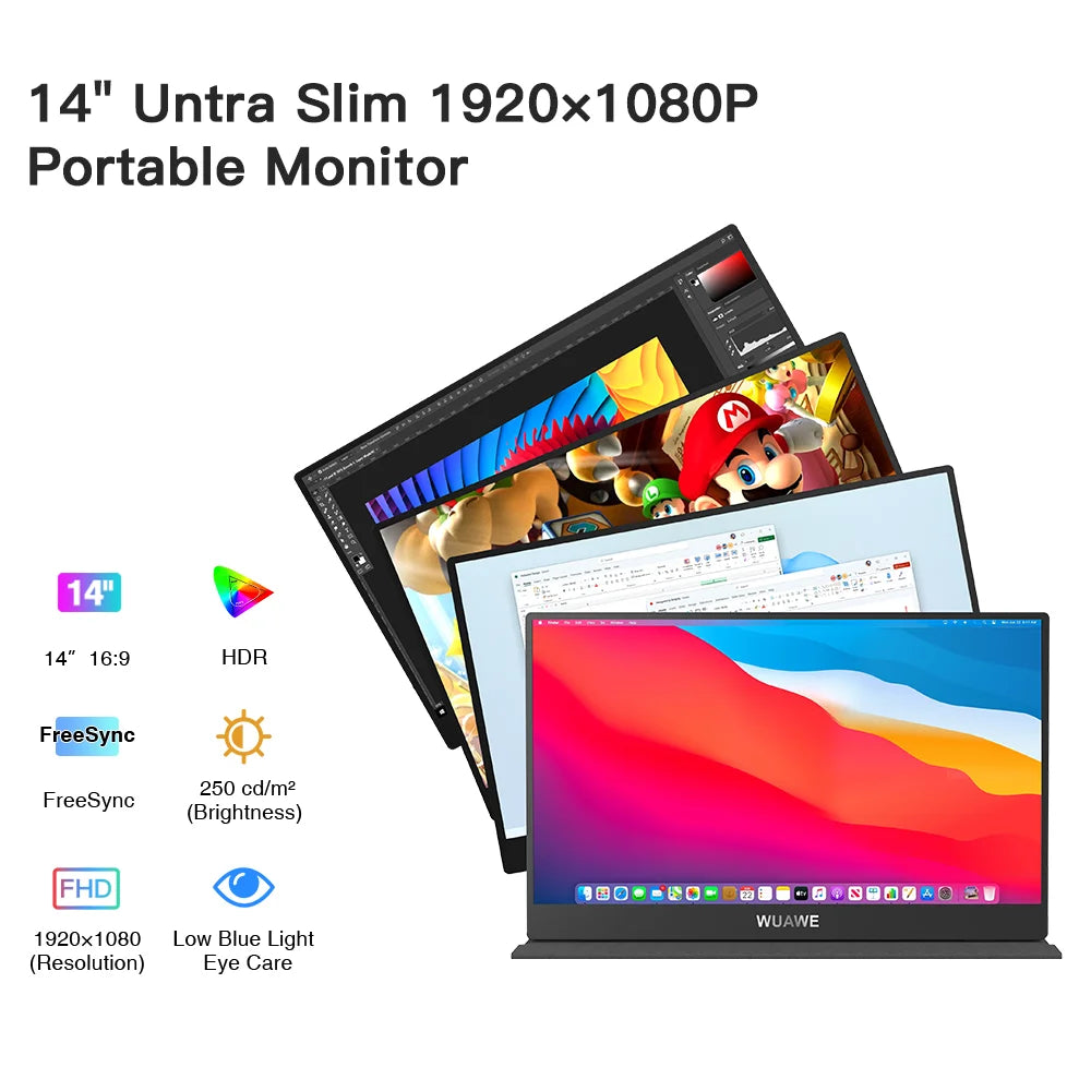 Gtooza_WUAWE 14 inch 1080P FHD Laptop Monitor USB C HDMI Computer Display HDR External Screen w/Smart Cover  Mac Phone Xbox Switch gtooza.com