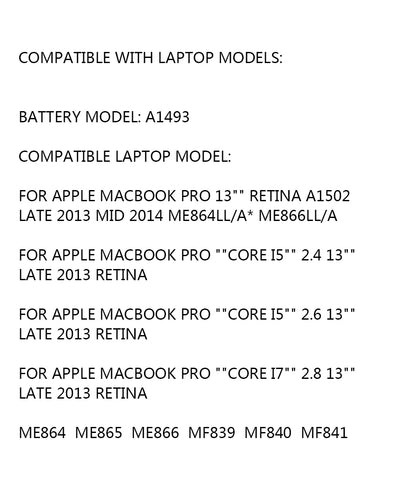 PC battery For MacBook Pro MacPro 13" A1502 ME865 ME864 MF839 A1493 A1582 Genuine Laptop Battery