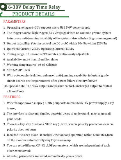 6-30V Relay Module Switch Trigger Time Delay Circuit Timer Cycle Adjustable Trigger OFF / ON Switch Timing Cycle for Arduino