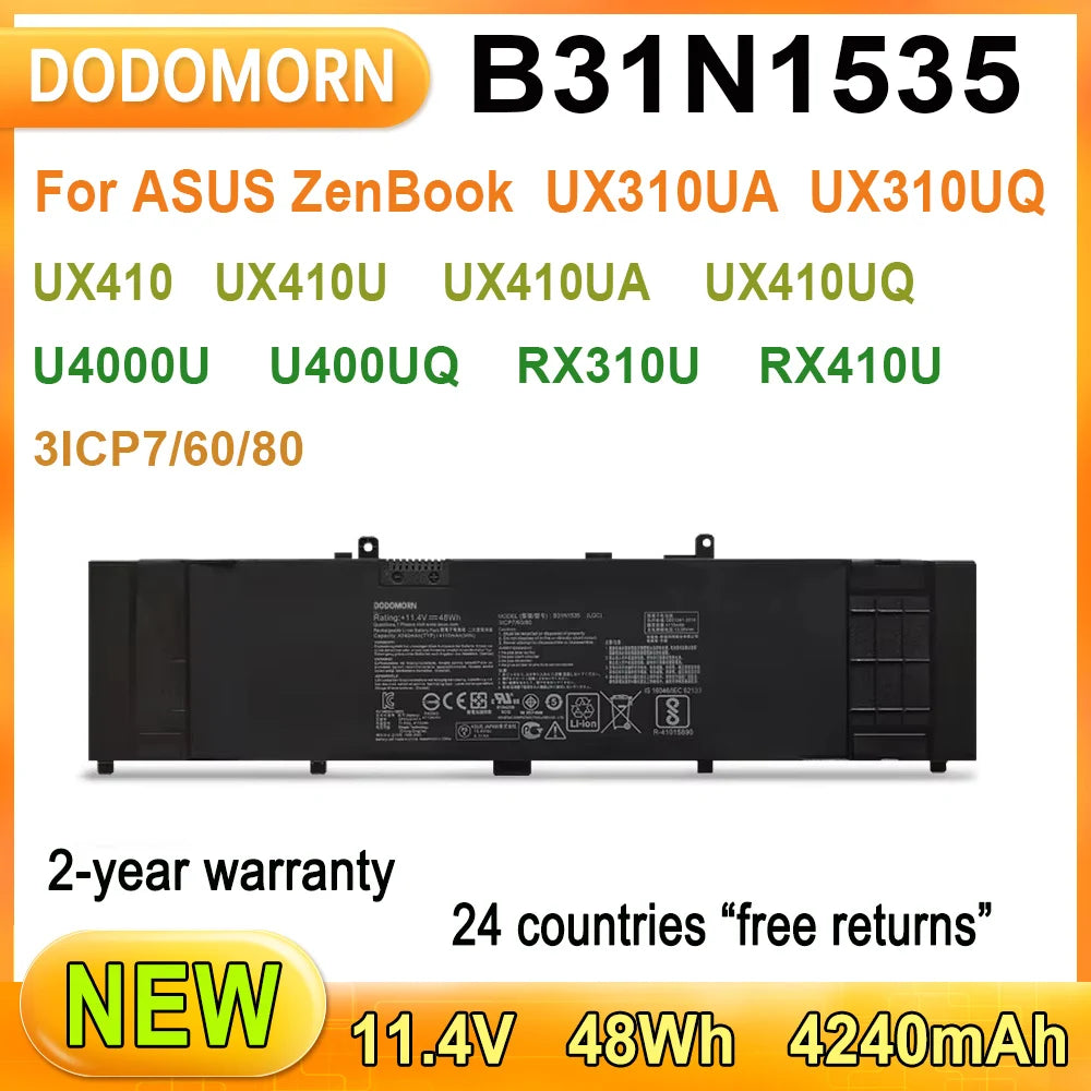 PC Laptop Battery B31N1535 For ASUS ZenBook UX310UA UX310UQ UX410 UX410U UX410UQ U4000U U400UQ RX310U RX410U Series Fast Delivery