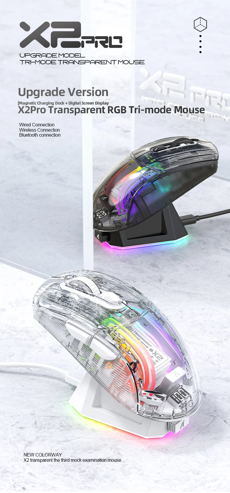 PC Attack Shark X2 Pro Magnetic Charging Bluetooth Mouse, Tri-Mode , RGB Lights, Transparent, Battery Indicator, Computer Phone