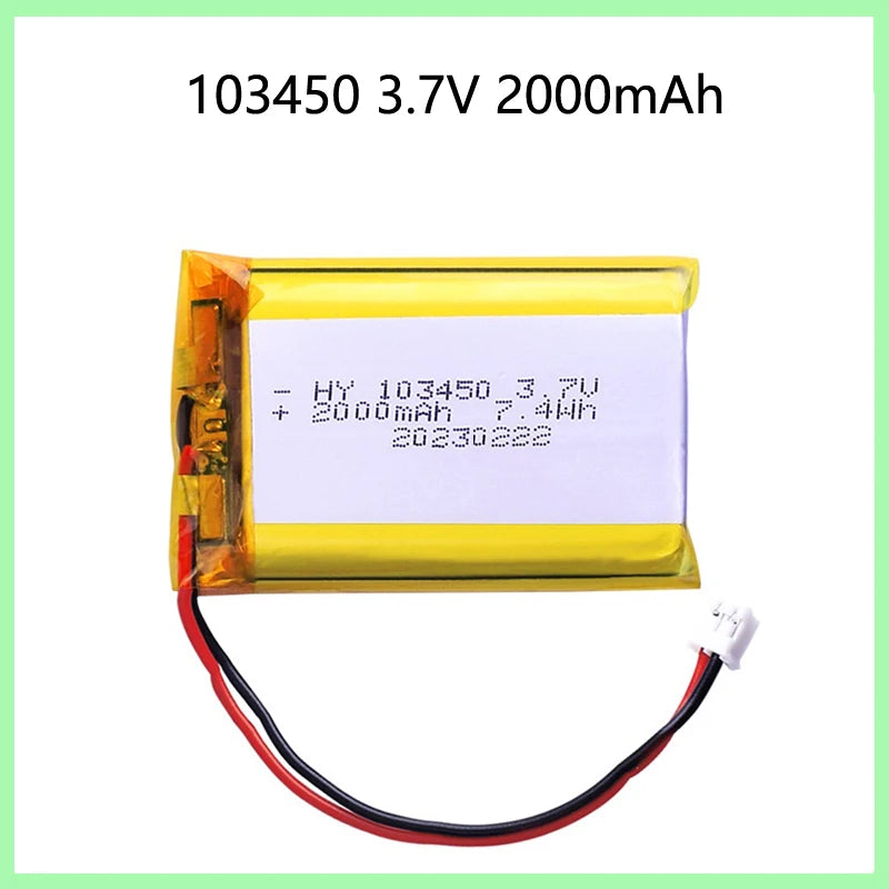 PC 103450 3.7V 2000mAh Polymer Lithium Rechargeable Battery jst PH 2.0mm 2pin plug  Camera GPS navigator MP5 Bluetooth Headset