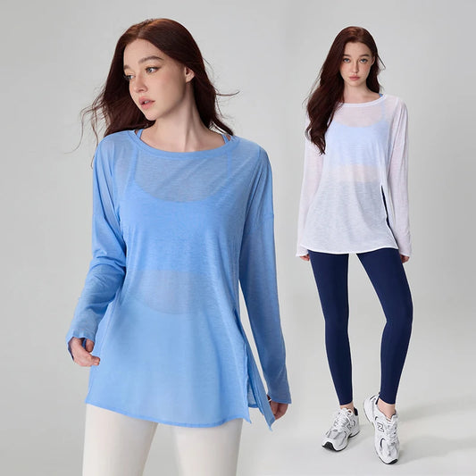 Side Slit Dance Tops  Woman Teen Loose Dance Training T-shirt Long Sleeve Modern Dance Shirts Adults Yoga Sport Tops