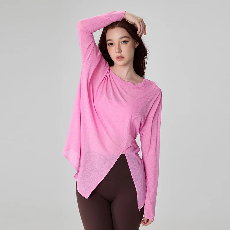 Side Slit Dance Tops  Woman Teen Loose Dance Training T-shirt Long Sleeve Modern Dance Shirts Adults Yoga Sport Tops