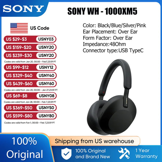 Sony WH-1000XM5 Wireless Noise Canceling Headphones Integrated Processor V1 Soft Fit Leather 30 Hour Battery Life 4 Microphones