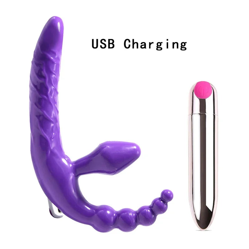 Gtooza_Strapless Strapon Dildo Vibrator 4 in 1 Sex Toys Adult Double Penetration Plug Anal Beads Vibrators  Women Lesbian gtooza.com