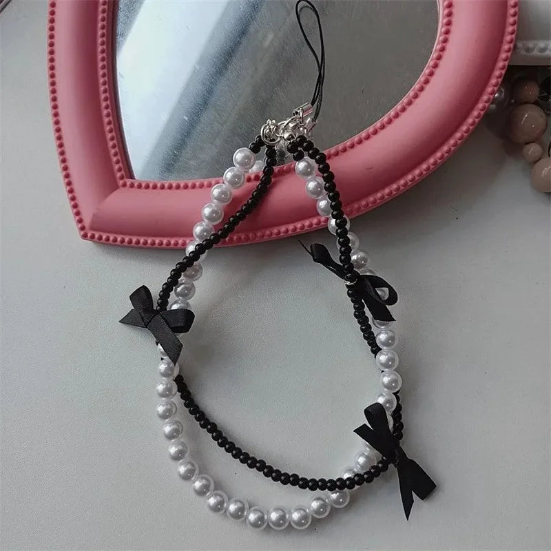 PC Sweet Black Pink BowKnot Beads Phone Chain Charm Lanyard For iPhone Samsung Huawei Universal Accessories Jewelry Pendant