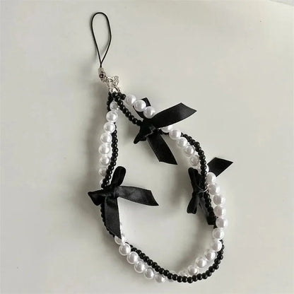 PC Sweet Black Pink BowKnot Beads Phone Chain Charm Lanyard For iPhone Samsung Huawei Universal Accessories Jewelry Pendant