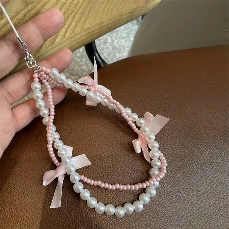 PC Sweet Black Pink BowKnot Beads Phone Chain Charm Lanyard For iPhone Samsung Huawei Universal Accessories Jewelry Pendant