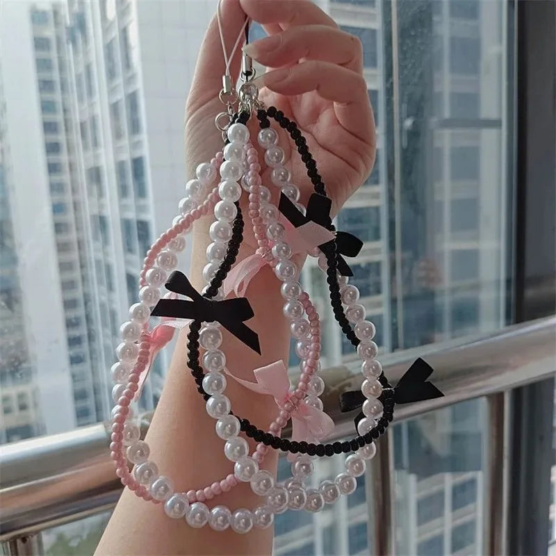 PC Sweet Black Pink BowKnot Beads Phone Chain Charm Lanyard For iPhone Samsung Huawei Universal Accessories Jewelry Pendant