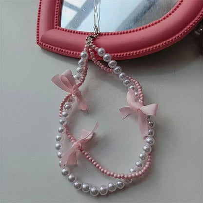 PC Sweet Black Pink BowKnot Beads Phone Chain Charm Lanyard For iPhone Samsung Huawei Universal Accessories Jewelry Pendant