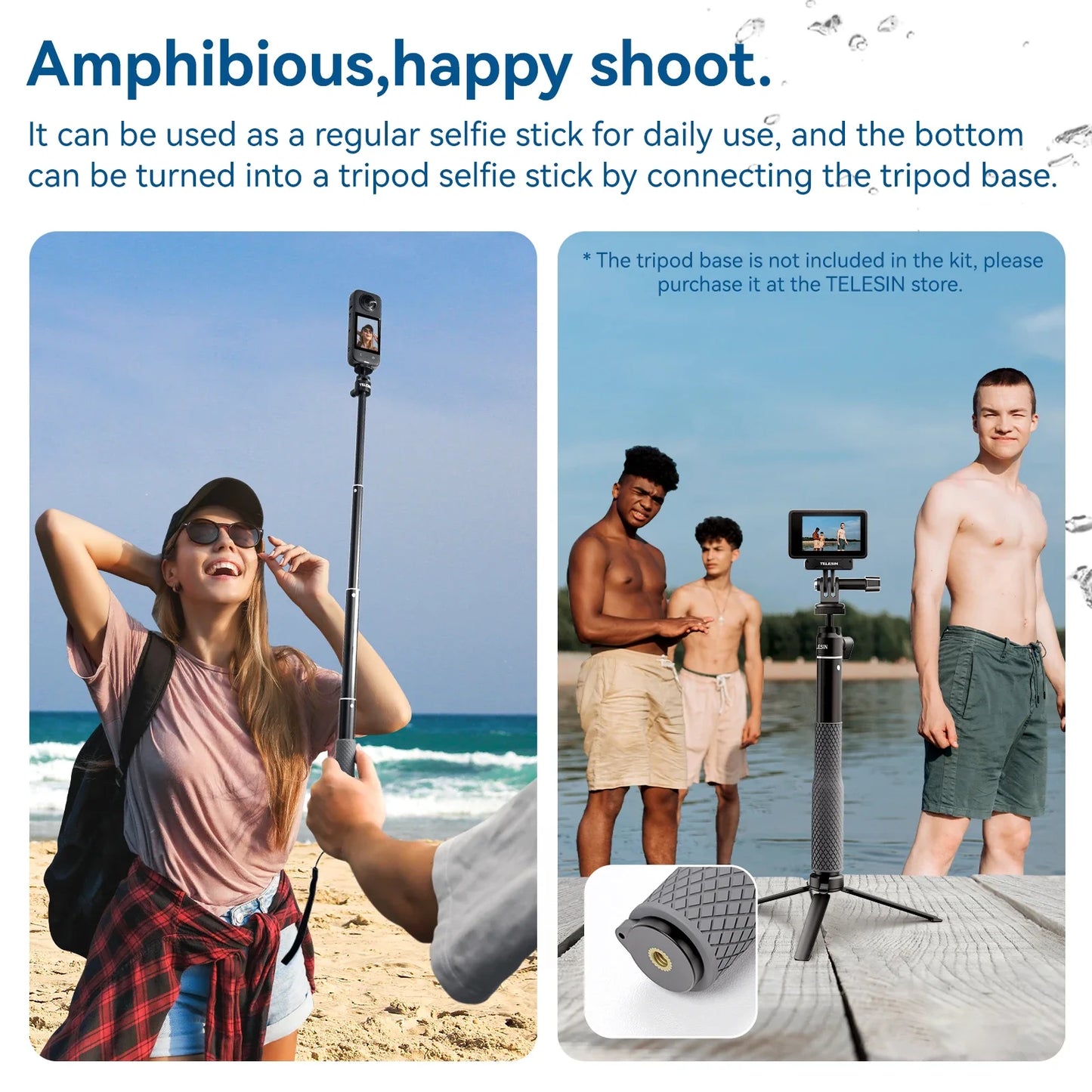 PC TELESIN 360° Ball Head Selfie Stick  Gopro Hero 13 12 11 10 9 DJI OSMO Action 5 4 3 Waterproof Invisible Extandable Stick