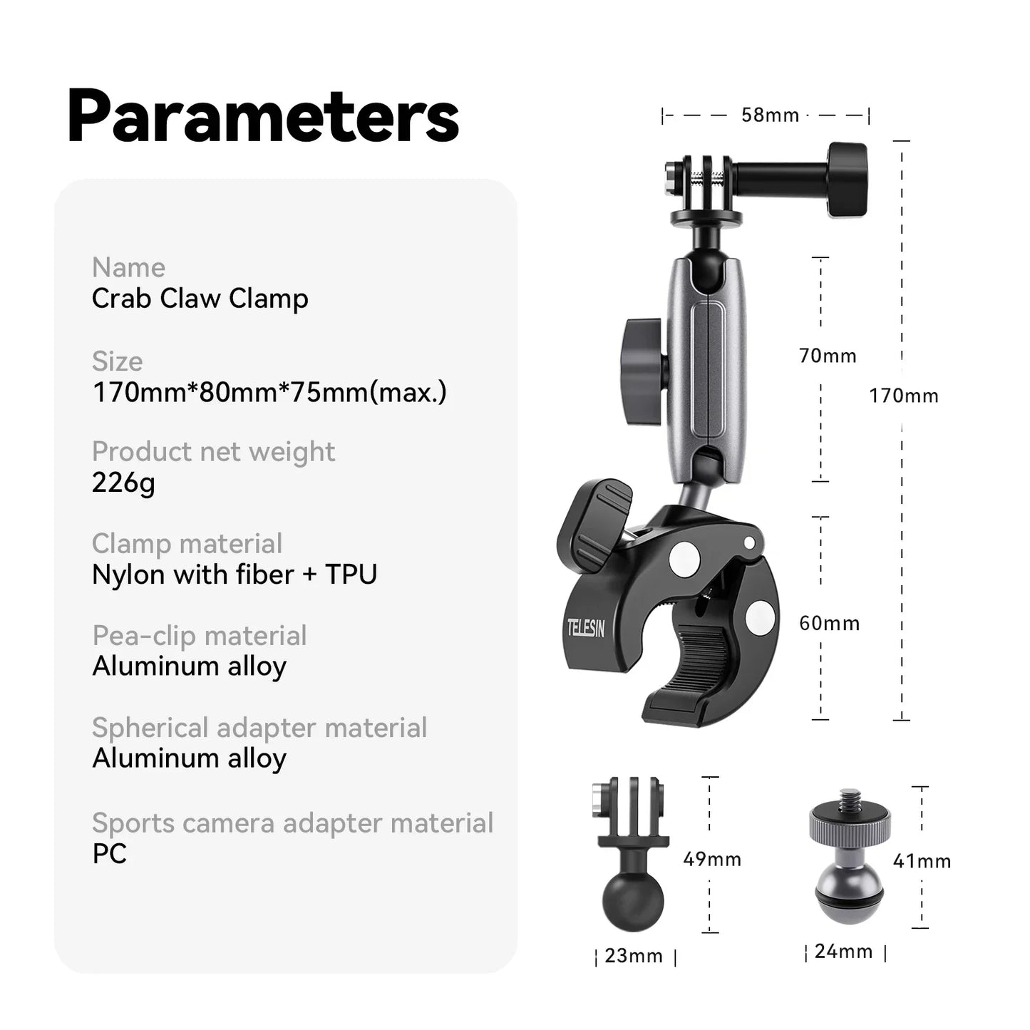 PC TELESIN Motorcycle Bicycle Holder Handlebar Mount Bracket  Go Pro Hero 13 12 11 10 9 8 7 MAX DJI Action 5 4 3 Insta360 X4 X3