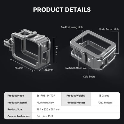 PC TELESIN Protective Frame Case  Gopro Hero 13 12 11 10 9 Lightweight Dual Cold Shoe Combo Frame Action Camera Accessories