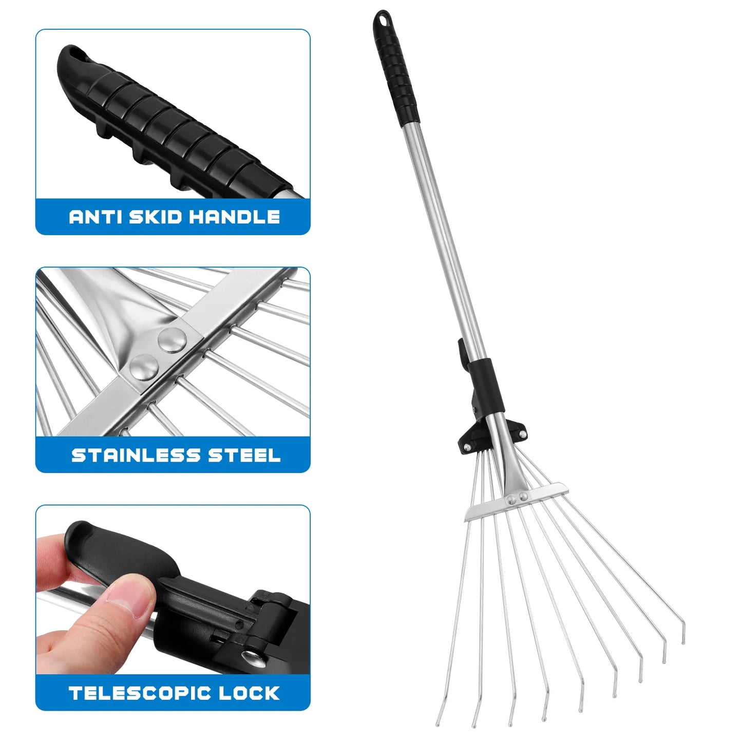 TOYANDONA Telescopic Metal Rake Adjustable Retractable Leaves Rake Gardening Tool  Lawn Yard