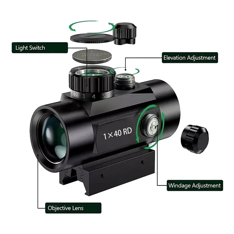 Tactical Scope Red Green Dot 1×40 Holographic Optical Scope Rifle Scope  Outdoor Hunting Shooting Shockproof and Waterproof