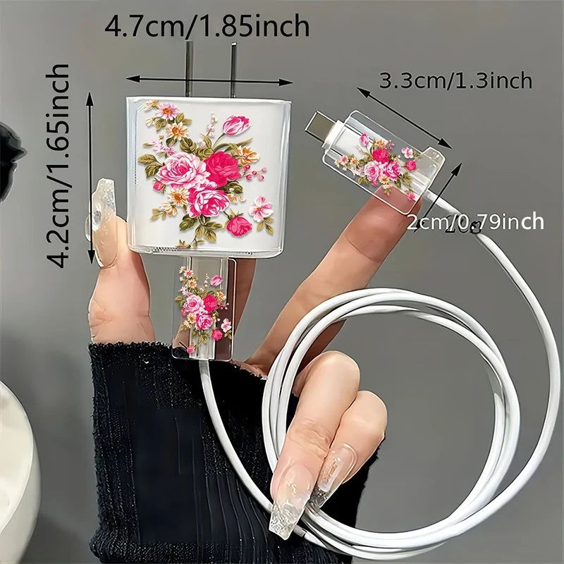 PC Transparent Purple Flowers Case  Apple Charger, Protective Cover, Applicable to iPhone 15, 14 Data Head Bite Protector Shell