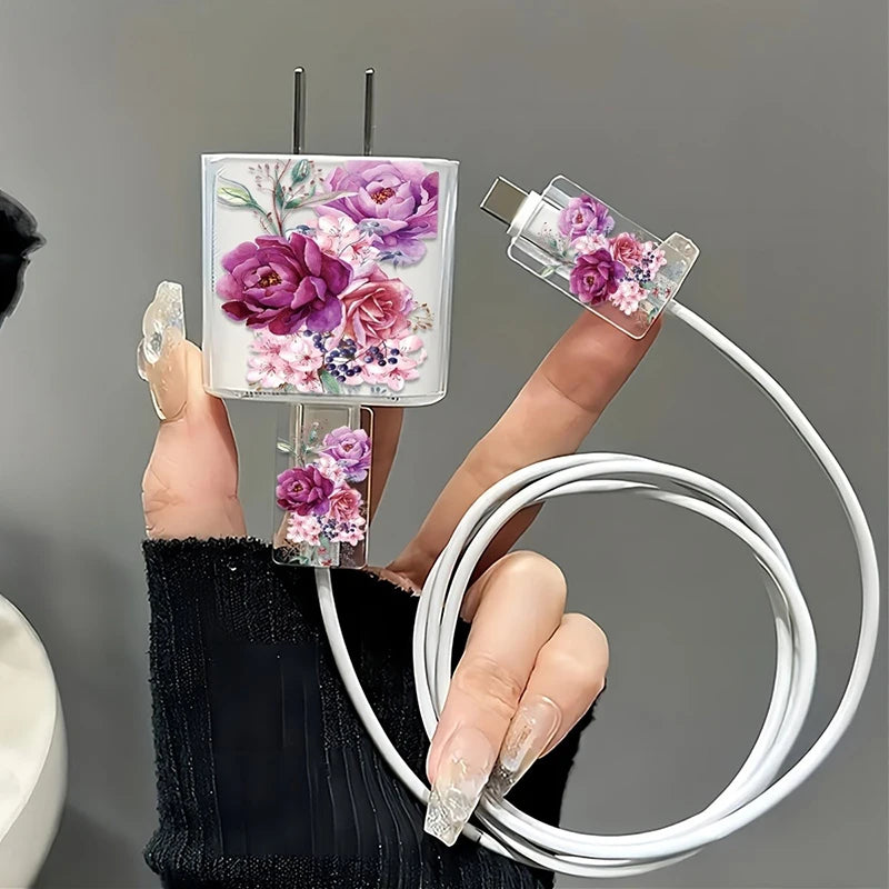 PC Transparent Purple Flowers Case  Apple Charger, Protective Cover, Applicable to iPhone 15, 14 Data Head Bite Protector Shell