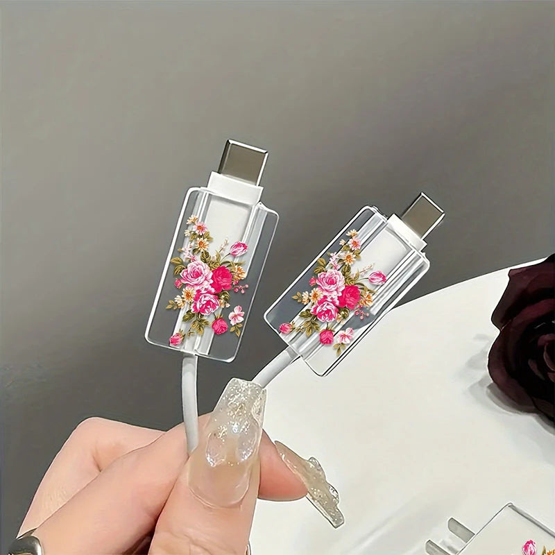 PC Transparent Purple Flowers Case  Apple Charger, Protective Cover, Applicable to iPhone 15, 14 Data Head Bite Protector Shell