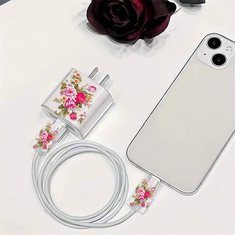 PC Transparent Purple Flowers Case  Apple Charger, Protective Cover, Applicable to iPhone 15, 14 Data Head Bite Protector Shell