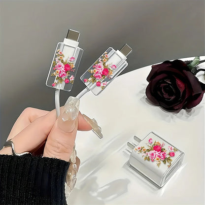 PC Transparent Purple Flowers Case  Apple Charger, Protective Cover, Applicable to iPhone 15, 14 Data Head Bite Protector Shell