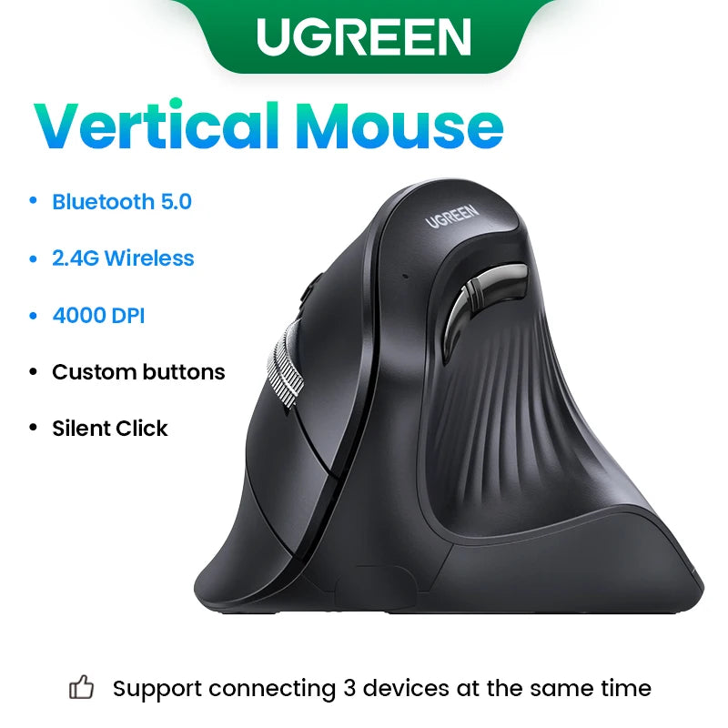 PC UGREEN Vertical Mouse Wireless Bluetooth5.0 2.4G Ergonomic 4000DPI 6 Mute Buttons  MacBook Tablet Laptops Computer PC Mice