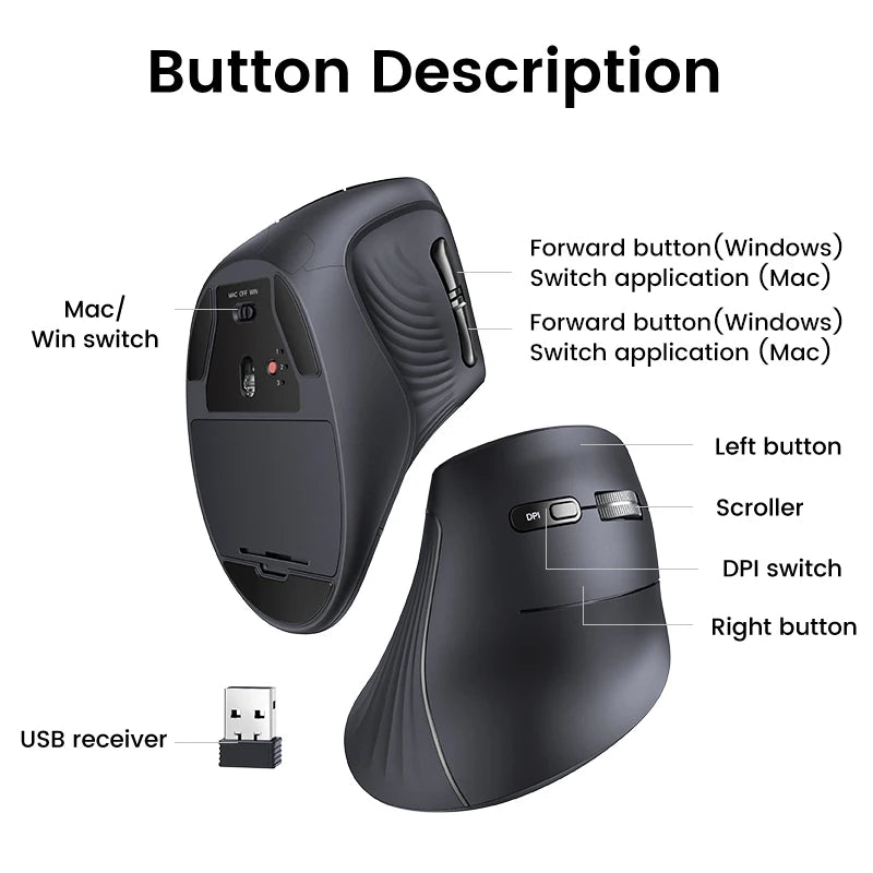 PC UGREEN Vertical Mouse Wireless Bluetooth5.0 2.4G Ergonomic 4000DPI 6 Mute Buttons  MacBook Tablet Laptops Computer PC Mice