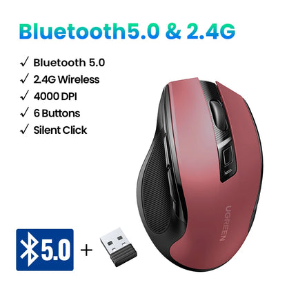 PC UGREEN Wireless Mouse Bluetooth5.0 Mouse Ergonomic 4000DPI 6 Mute Buttons Mouse For MacBook Tablet Laptops Computer PC 2.4G Mice