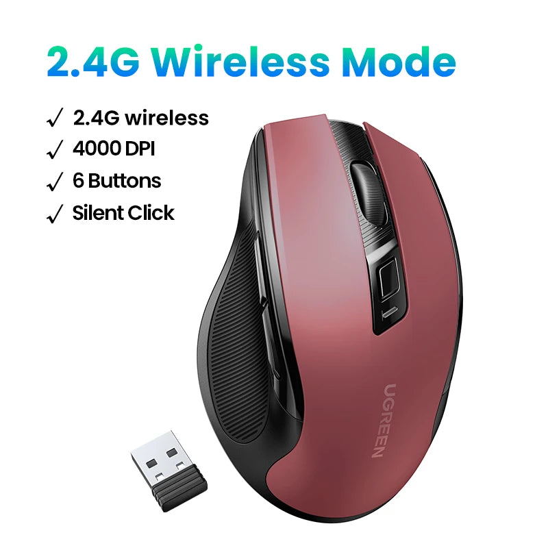 PC UGREEN Wireless Mouse Bluetooth5.0 Mouse Ergonomic 4000DPI 6 Mute Buttons Mouse For MacBook Tablet Laptops Computer PC 2.4G Mice