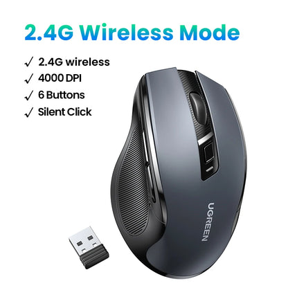 PC UGREEN Wireless Mouse Bluetooth5.0 Mouse Ergonomic 4000DPI 6 Mute Buttons Mouse For MacBook Tablet Laptops Computer PC 2.4G Mice