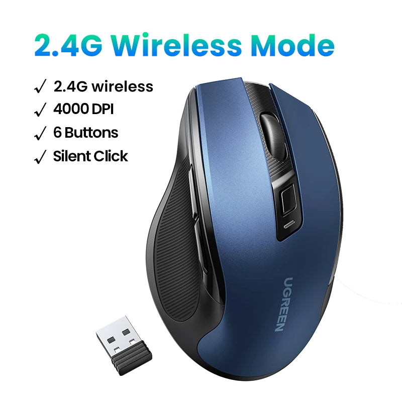 PC UGREEN Wireless Mouse Bluetooth5.0 Mouse Ergonomic 4000DPI 6 Mute Buttons Mouse For MacBook Tablet Laptops Computer PC 2.4G Mice