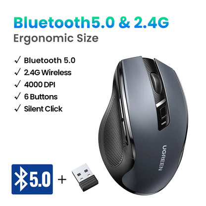 PC UGREEN Wireless Mouse Bluetooth5.0 Mouse Ergonomic 4000DPI 6 Mute Buttons Mouse For MacBook Tablet Laptops Computer PC 2.4G Mice