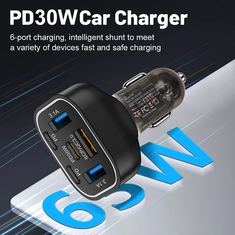 PC UYUXIO 6 in 1 USB C Car Phone Charger Adapter PD 30W Multi Port Super Fast  Macbook iPhone 16 15 Pro Max 14 Samsung Oneplus