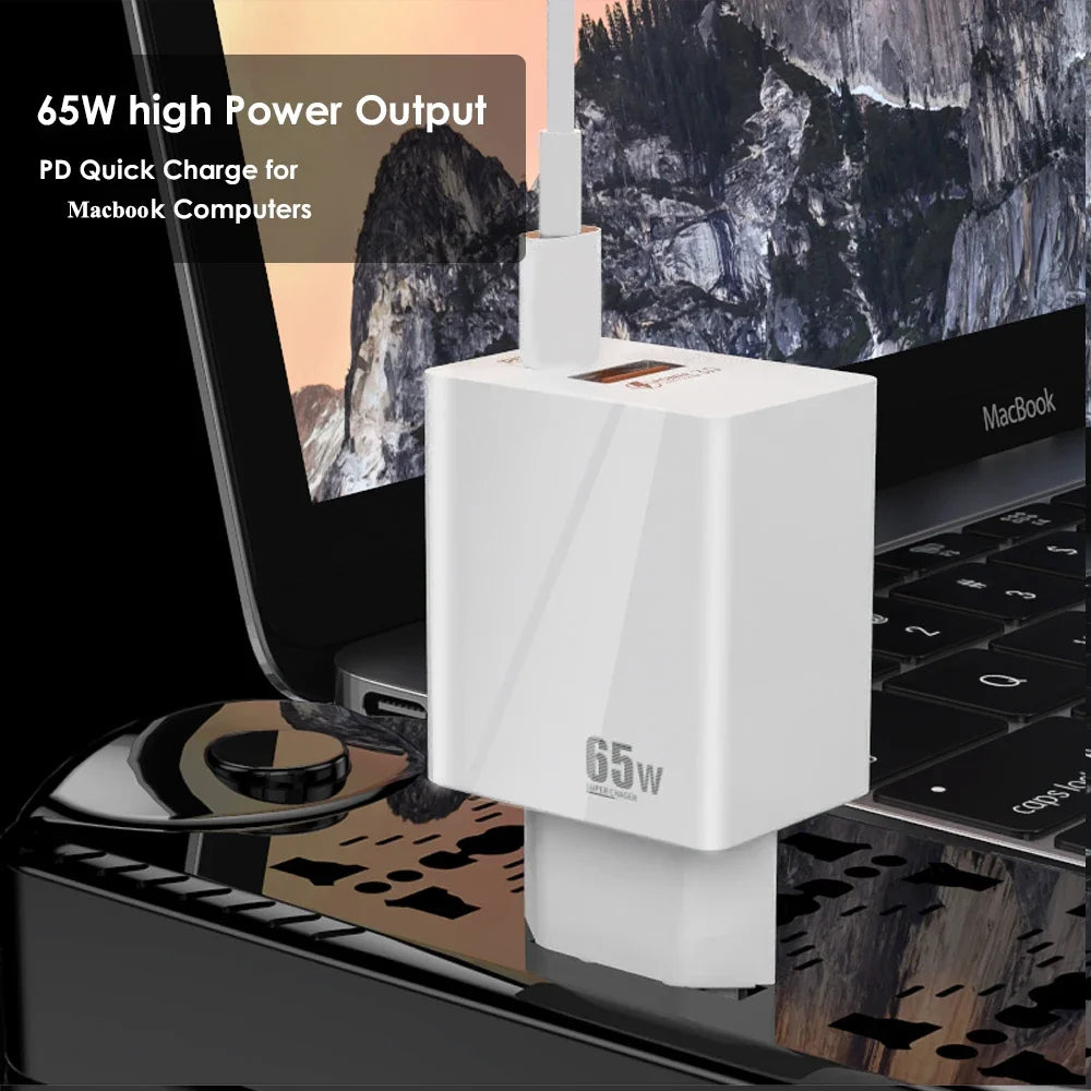 PC UYUXIO 65W Phone Charger 2 in 1 Gan Super Fast Charging Wall Adapter  Macbook iPad Samsung iPhone 16 15 Pro Max All Phone