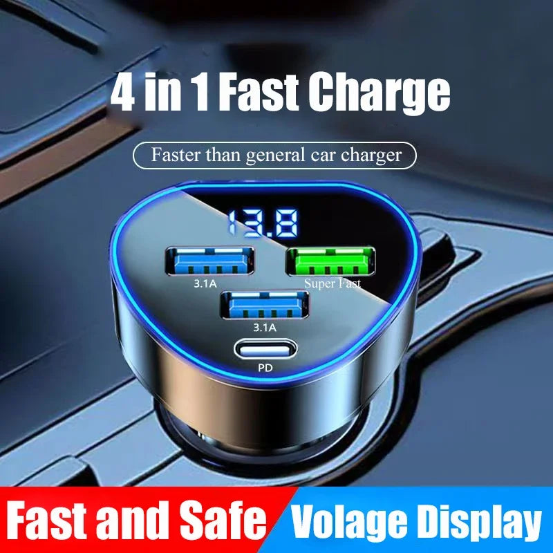 PC UYUXIO USB C Car Phone Charger Adapter 4 in 1 with Voltage Display Super Fast Charge  iPhone 16 15 Pro Max 14 Samsung Oneplus