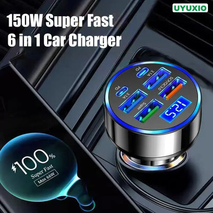 PC UYUXIO USB C Car Phone Charger Adapter 6 in 1 Dual PD Super Fast Charge in Car with Voltage Display  iPhone Samsung OPPO