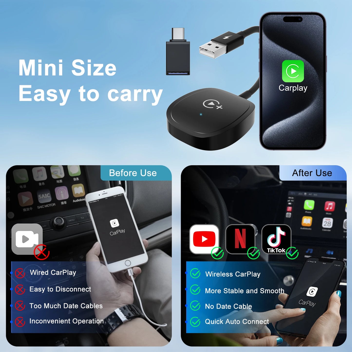 PC Wireless Video Carplay Adapter with Netflix/YouTube/TikTok/Google Play,  OEM Wired CarPlay Cars