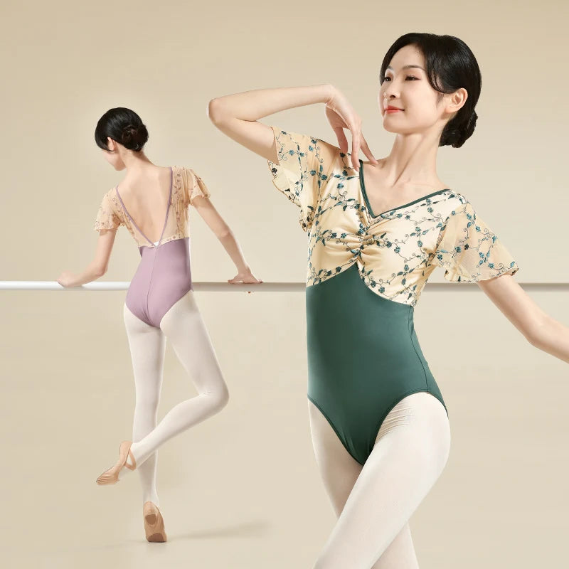 Woman Ballet Leotards Embroidery Short Sleeves Dance Leotards Nylon Splice V-neck Ballet Bodysuit Gymnastics Leotards