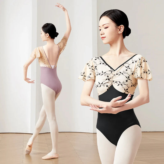 Woman Ballet Leotards Embroidery Short Sleeves Dance Leotards Nylon Splice V-neck Ballet Bodysuit Gymnastics Leotards