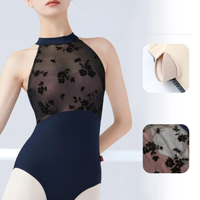 Woman Ballet Leotards Gymnastics Leotards Flocking Stand Collar Sleeveless Dance Leotard Nylon Hollow Back Dancing Bodysuit