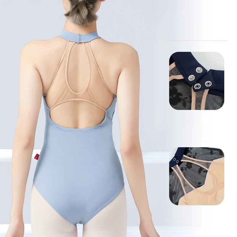 Woman Ballet Leotards Gymnastics Leotards Flocking Stand Collar Sleeveless Dance Leotard Nylon Hollow Back Dancing Bodysuit