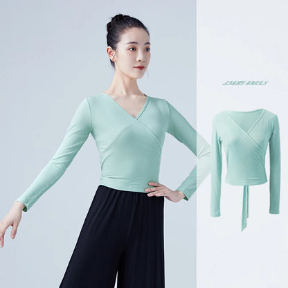 Woman Ballet Wrap Tops Knitted V Neck Long Sleeve Dance Shirts Bandage Tops Adults Dancewear Training Tops Dance Costumes