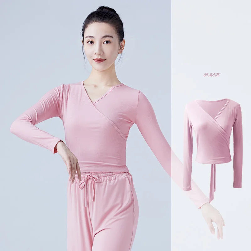 Woman Ballet Wrap Tops Knitted V Neck Long Sleeve Dance Shirts Bandage Tops Adults Dancewear Training Tops Dance Costumes