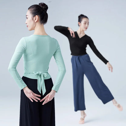 Woman Ballet Wrap Tops Knitted V Neck Long Sleeve Dance Shirts Bandage Tops Adults Dancewear Training Tops Dance Costumes