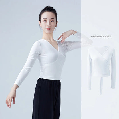 Woman Ballet Wrap Tops Knitted V Neck Long Sleeve Dance Shirts Bandage Tops Adults Dancewear Training Tops Dance Costumes