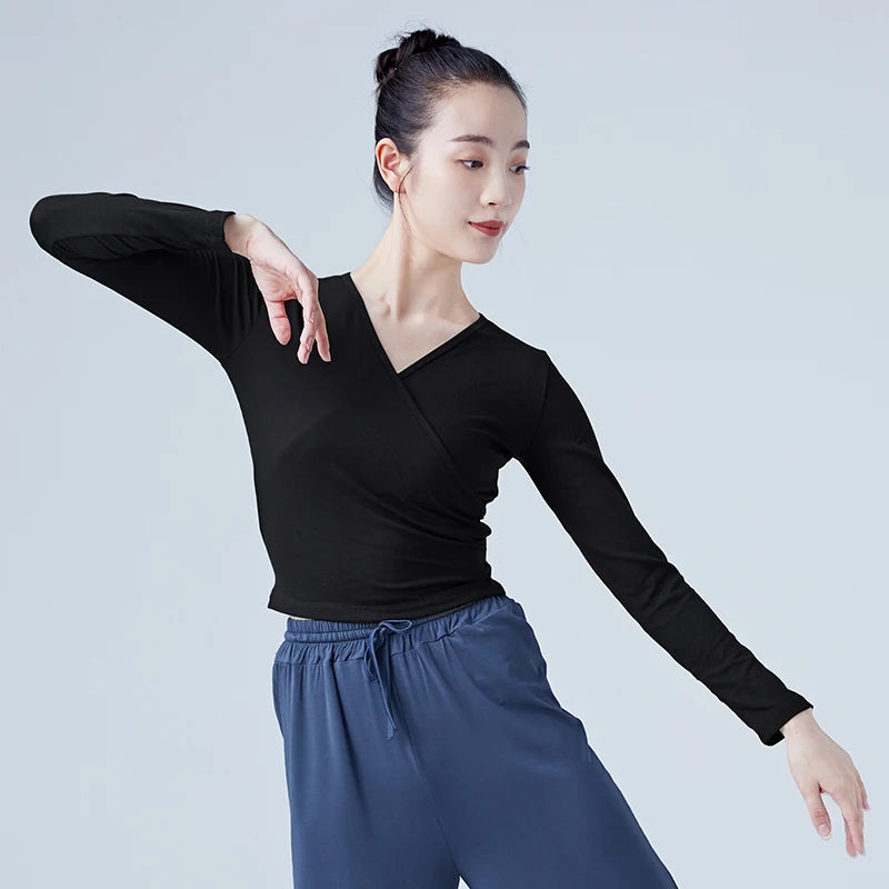 Woman Ballet Wrap Tops Knitted V Neck Long Sleeve Dance Shirts Bandage Tops Adults Dancewear Training Tops Dance Costumes